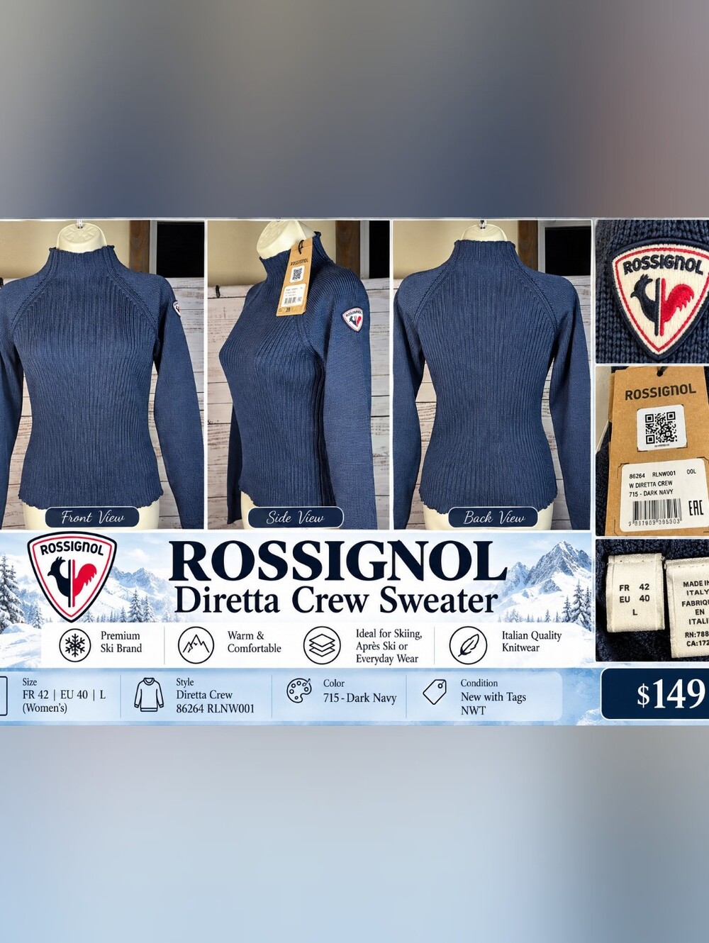 Rossignol Diretta Crew Women's L Dark Navy Ski Sweater Made Italy NWT